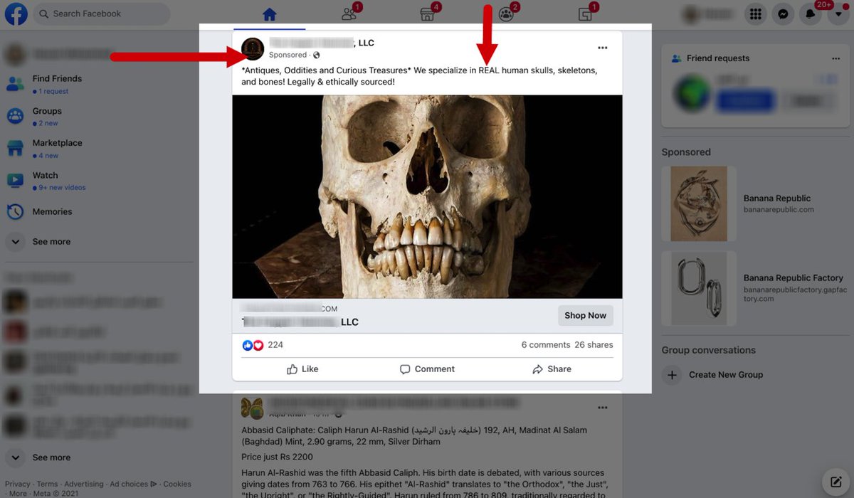 ATHARProject's tweet photo. .@Meta's Facebook claims to "prohibit" the sale of human remains. 

But as shoppers search for post-holiday deals, Facebook serves up an ad offering "REAL human skulls, skeletons, and bones" to our account.

Reminder: Ads MUST be *approved" by FB.

These "policies" are just PR. https://t.co/CTWmD0Y8vq