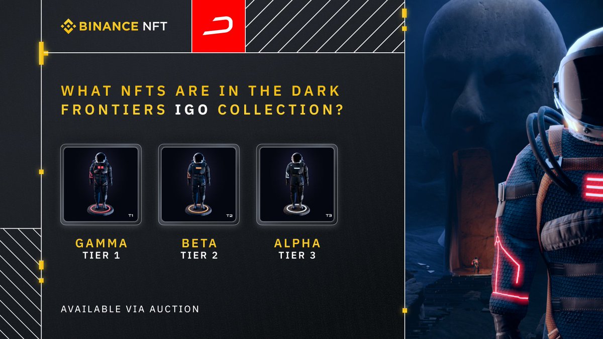 BinanceWallet's tweet photo. Don’t venture into the @DarkFrontiersGS without these exclusive space suits.

These #BinanceNFT limited editions will help you explore the dark beyond.

Collect the limited edition IGO Space Suits via auction on Binance NFT Marketplace Dec 30 1PM UTC 👇

https://t.co/sGp1Su8d8M https://t.co/jw2DMxskwD