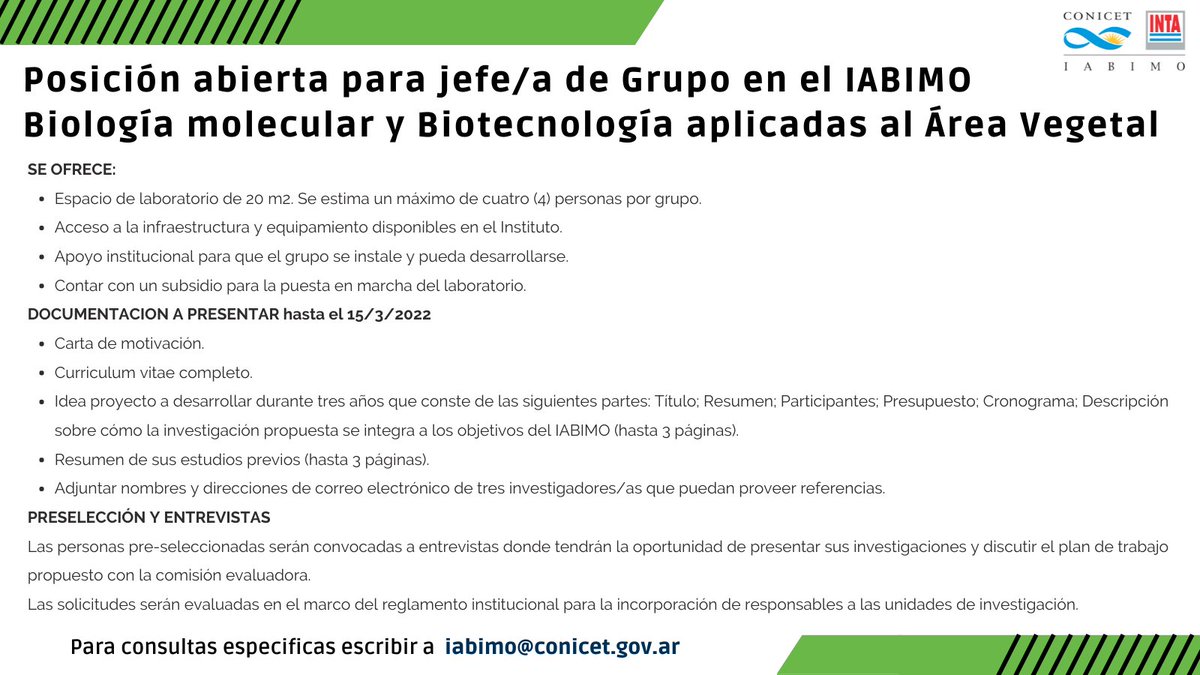 Búsqueda orientada a un(a) investigador(a) que inicie o desee consolidar su carrera científica en el área de Biología molecular y Biotecnología aplicadas al Área Vegetal