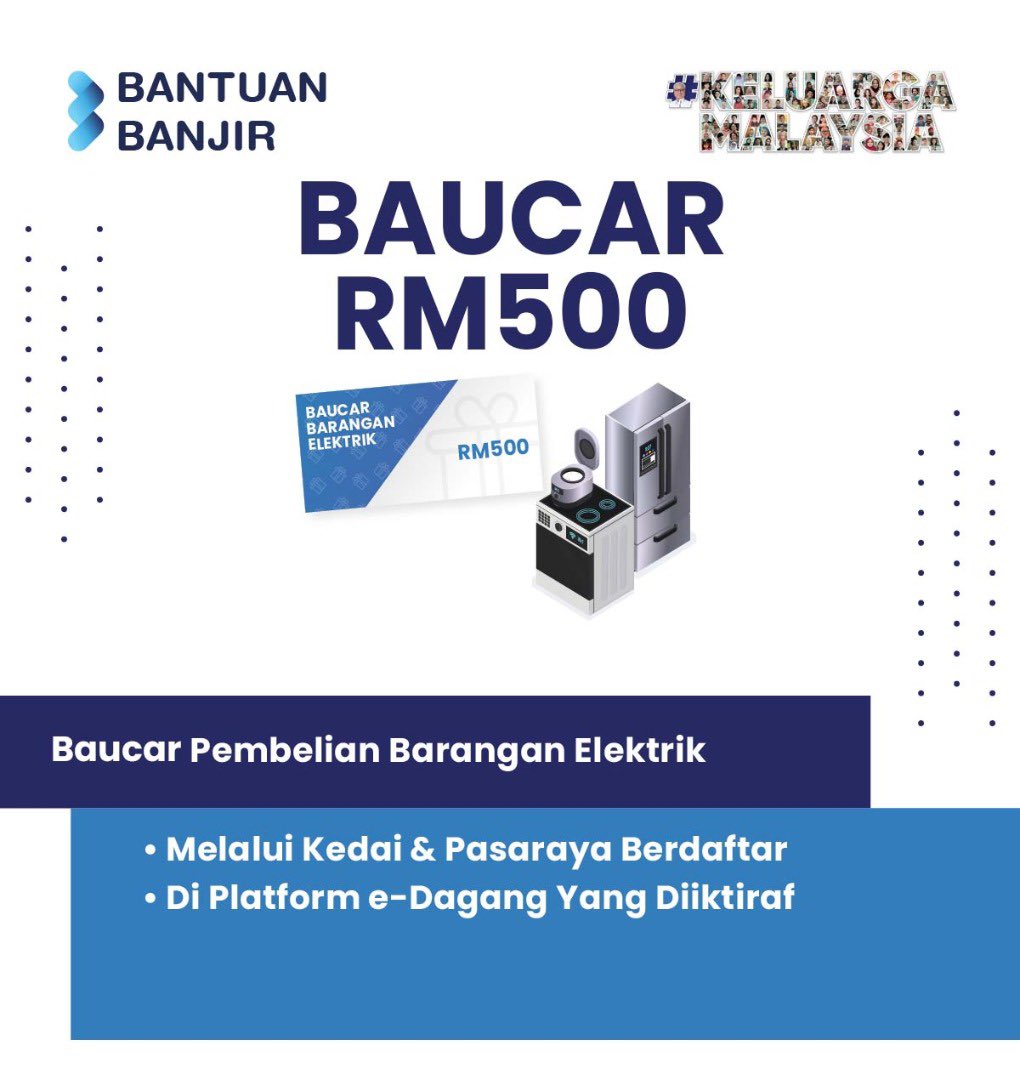 IsmailSabri60's tweet photo. Kita sedar musibah banjir turut menyebabkan kerosakan banyak peralatan elektrik di rumah, jadi, sukacita saya umumkan kerajaan bersetuju untuk menyediakan pemberian baucar kepada mangsa-mangsa banjir bagi pembelian peralatan elektrik yang telah rosak. https://t.co/3Xs6nPlqzE