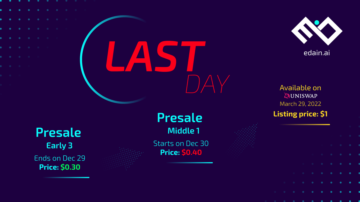 edainsw's tweet image. ‼️Heads up‼️ The last day of Presale Early 3 and of your chance to get #EAI at $0.30 is here.
Better make it count: bit.ly/3sPAxOG

#edain #JoinTheKnowledgeRevolution