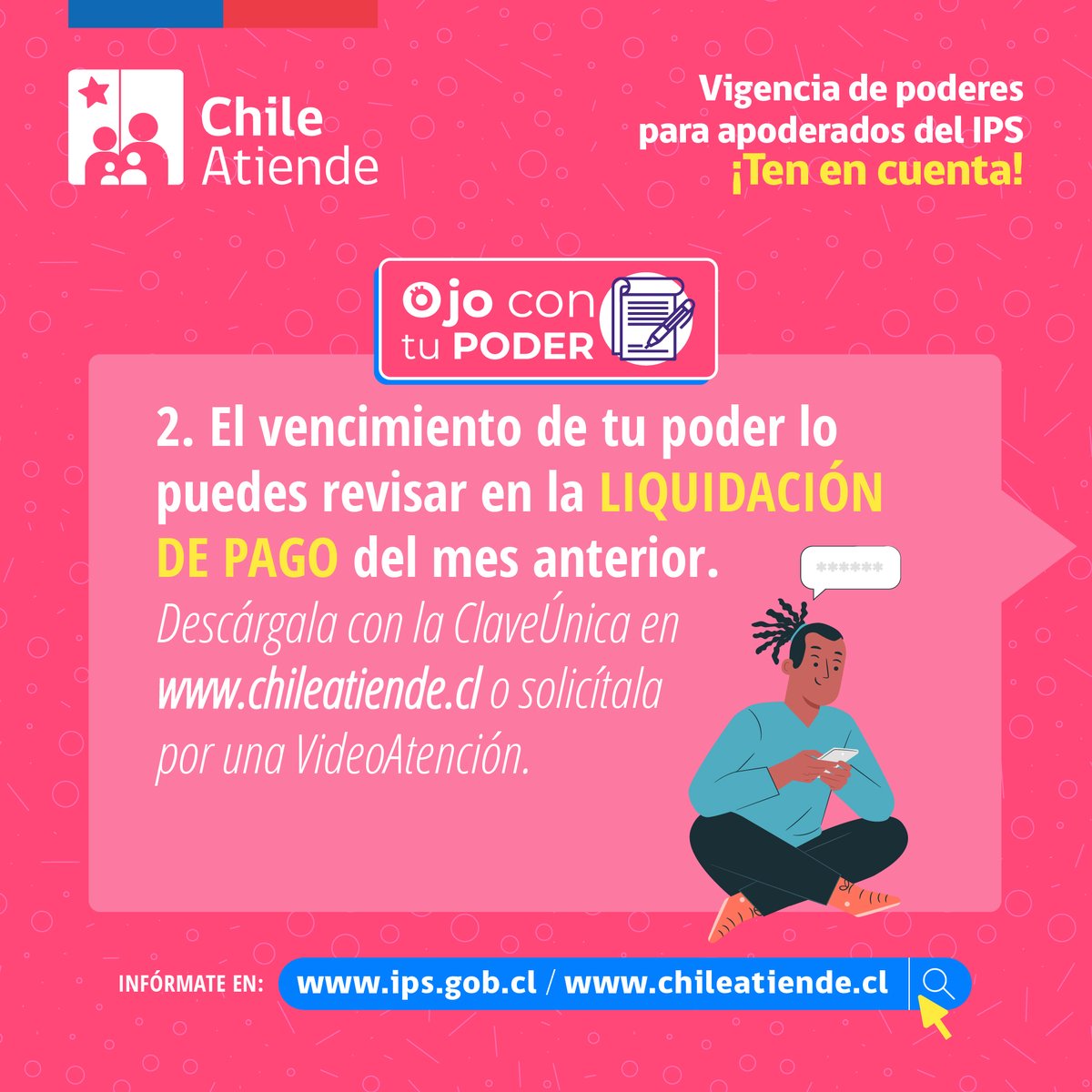 IPSChile's tweet photo. ¡Buenos días! Si cobras un beneficio del IPS como apoderado, #OjoConTuPoder:
✅ Ubica la fecha de caducidad en la liquidación de pago
✅ Renuévalo un mes antes del vencimiento
✅ Hazlo en una sucursal ChileAtiende.
+ Info aquí 👉 https://t.co/MWnTwznLfI https://t.co/EIKHJ41k6P