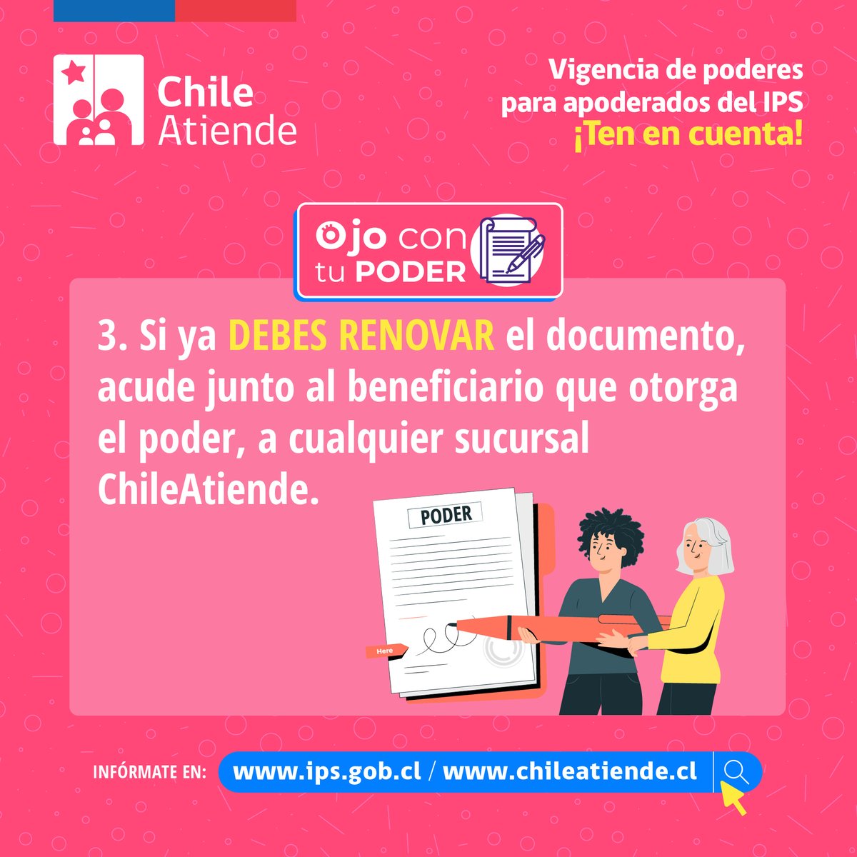 IPSChile's tweet photo. ¡Buenos días! Si cobras un beneficio del IPS como apoderado, #OjoConTuPoder:
✅ Ubica la fecha de caducidad en la liquidación de pago
✅ Renuévalo un mes antes del vencimiento
✅ Hazlo en una sucursal ChileAtiende.
+ Info aquí 👉 https://t.co/MWnTwznLfI https://t.co/EIKHJ41k6P