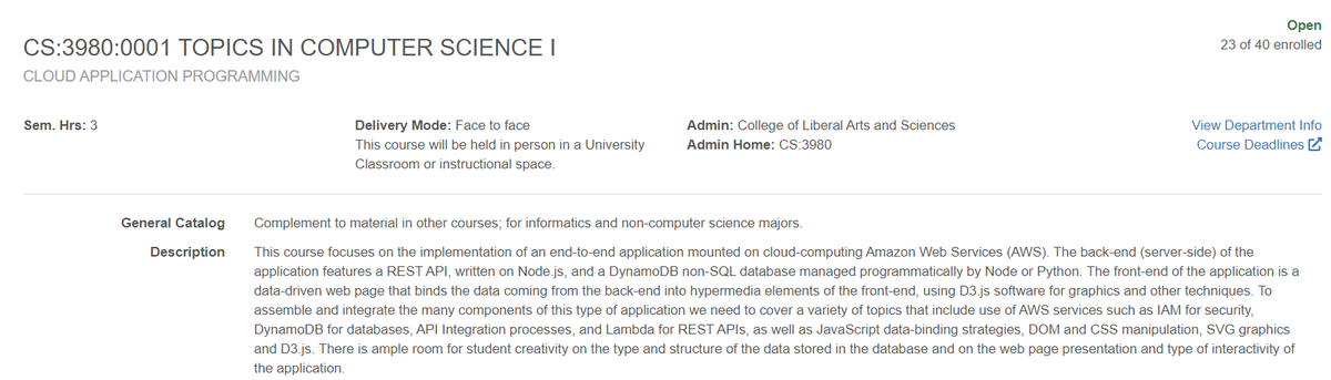 UIowaCS's tweet image. 👀 #bump 3⃣ weeks til @uiowa Spring semester. Some 🪑 left in #TopicsCourses on #CloudApplicationProgramming, #HealthInformatics|#InformationTechnology, #DependableSystem Design➕#PrivacyLaw|#Technology. Those are not on regular rotation... so don&apos;t 💤😉 if interested! ☁️⚕️⚖️⚙️