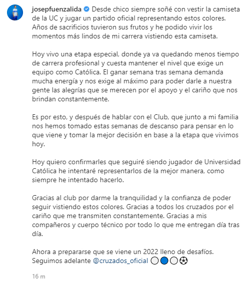 Cruzados's tweet photo. ¡Vamos por más junto a #LosCruzados, Chapa! 💪

Esto escribió José Pedro Fuenzalida en su cuenta de Instagram 🙌 https://t.co/QPDjoWUQh5