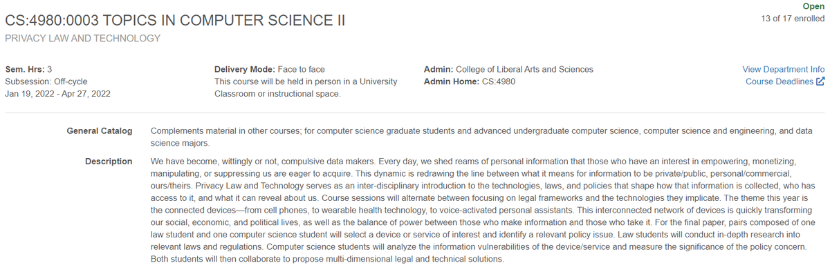 UIowaCS's tweet image. 👀 #bump 3⃣ weeks til @uiowa Spring semester. Some 🪑 left in #TopicsCourses on #CloudApplicationProgramming, #HealthInformatics|#InformationTechnology, #DependableSystem Design➕#PrivacyLaw|#Technology. Those are not on regular rotation... so don&apos;t 💤😉 if interested! ☁️⚕️⚖️⚙️