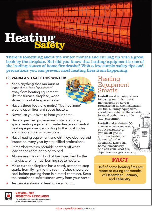Brrr, it's cold outside! The cold weather season is in full swing. Now is the time to stay safe & warm in your home. Heating fires is one of the top causes of fires in the home during the winter months. The Heating Safety tip sheet has life-saving tips during this cold weather. https://t.co/or4KRrAeCT