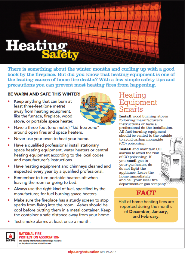 Brrr, it's cold outside! The cold weather season is in full swing. Now is the time to stay safe & warm in your home.  Heating fires is one of the top causes of fires in the home during the winter months. The Heating Safety tip sheet has life-saving tips during this cold weather. https://t.co/or4KRrAeCT