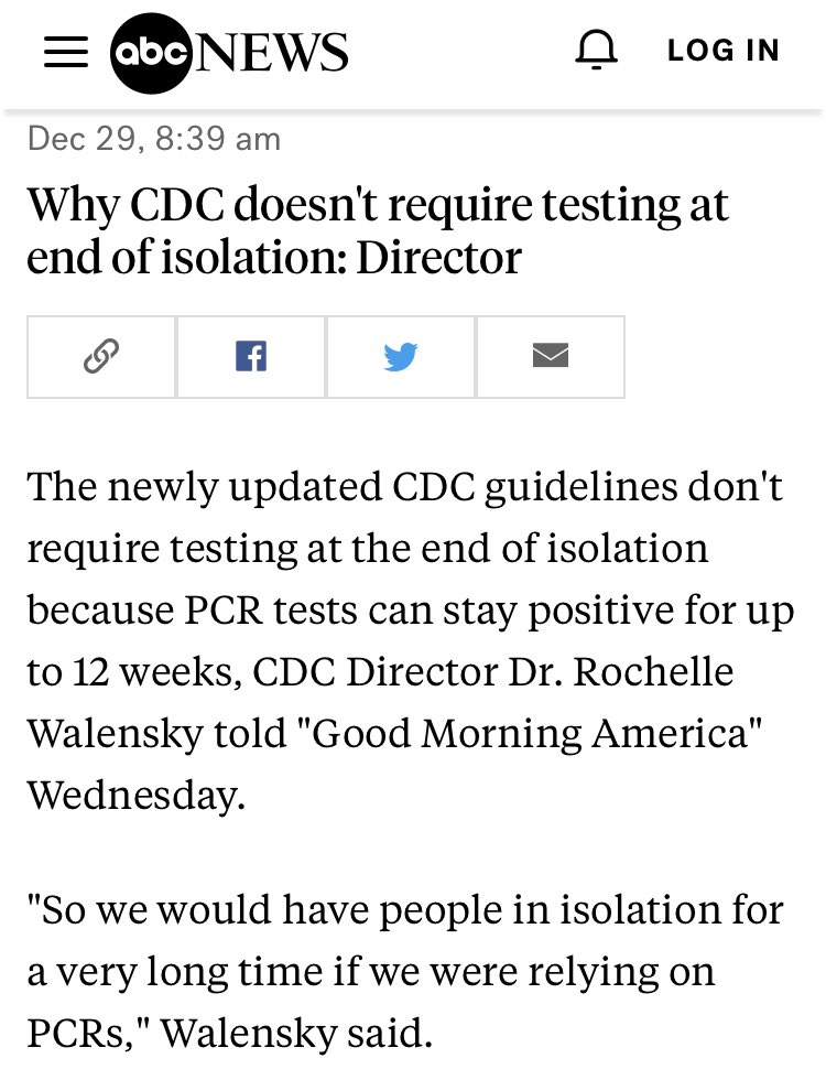 23/ Then there is this; fresh today Dec 29, 2021. CDC removes the rule to test at the end of isolation because some people’s PCR can be positive 12 weeks after infection; meaning, that it’s an irrelevant positive. I read of this last year already, but such claims were censored.