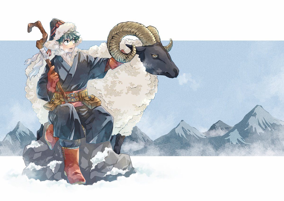 midoriya izuku 1boy male focus sheep green hair gloves hat boots  illustration images