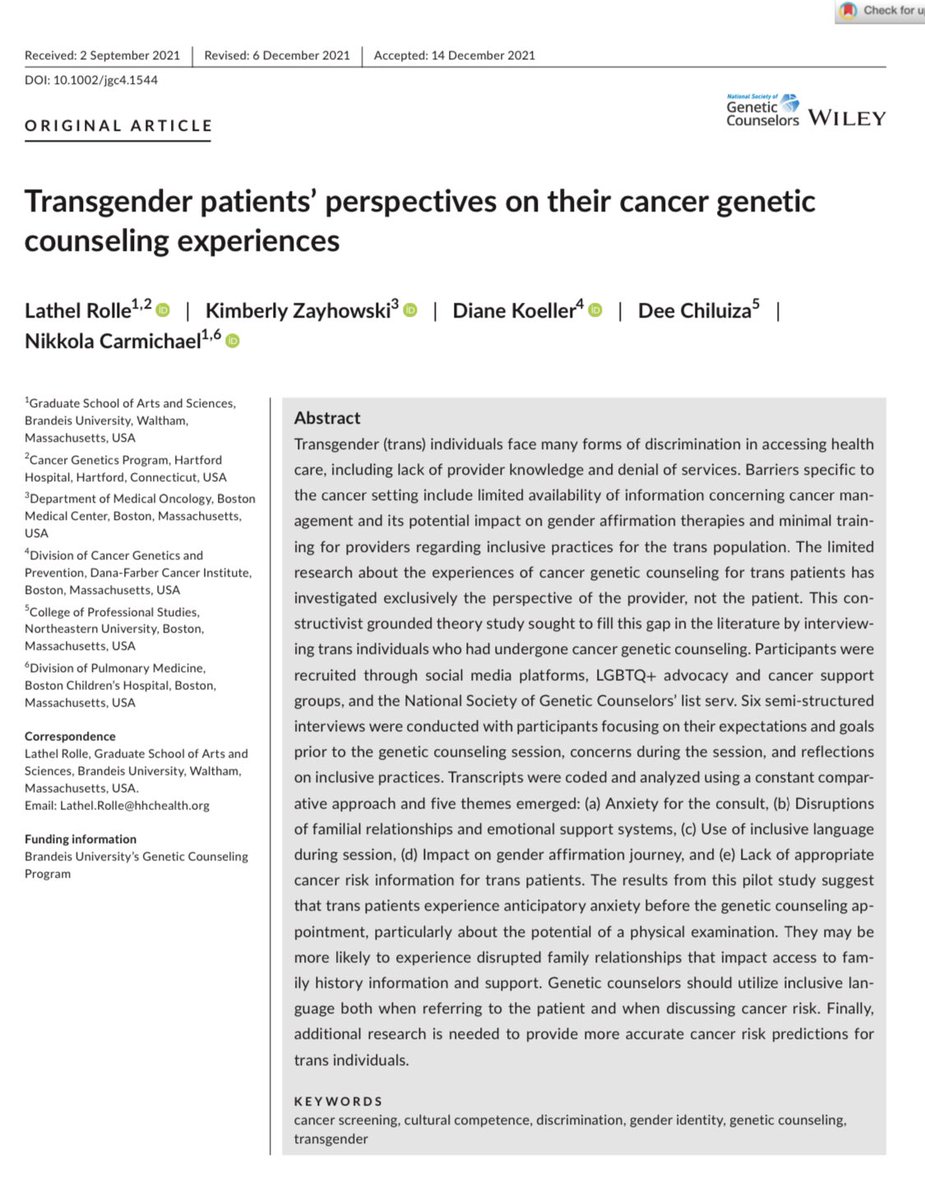 New article! 🧬📄 Rolle et al.’s paper showcases perspectives of trans individuals regarding the challenges encountered in the cancer genetic counseling setting and their recommendations for promoting inclusive practices 🏳️‍⚧️ doi.org/10.1002/jgc4.1… #GCchat