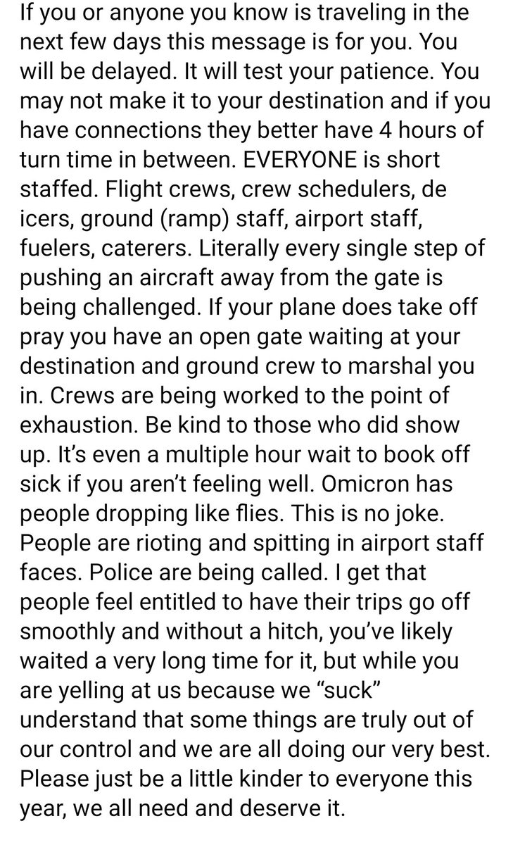 therobcampbell's tweet photo. If you're traveling by ✈️, please be kind and leave yourself tons of time for connections and delays.
This was posted by a friend who is part of the flight crew. https://t.co/0rcIQHOk5P