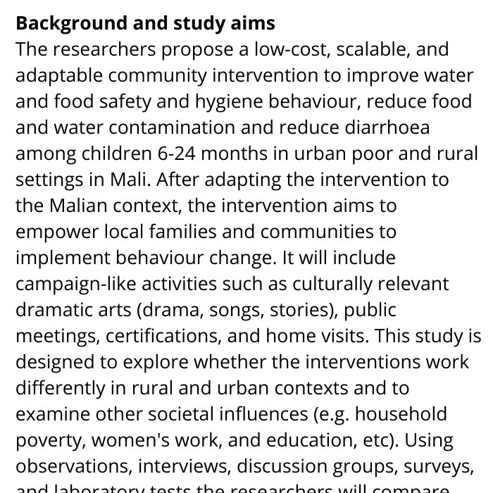 ISRCTN: the UK's Clinical Study Registry (@isrctn) on Twitter photo Evaluation of a community-level complementary-food safety and hygiene, and nutrition intervention
Read about the <a href="/MaaCiwara/">The MaaCiwara Project</a> study by @evansatiah registered at #ISRCTN
isrctn.com/ISRCTN14390796 Evaluation of a community-level complementary-food safety and hygiene, and nutrition intervention
Read about the <a href="/MaaCiwara/">The MaaCiwara Project</a> study by @evansatiah registered at #ISRCTN
isrctn.com/ISRCTN14390796