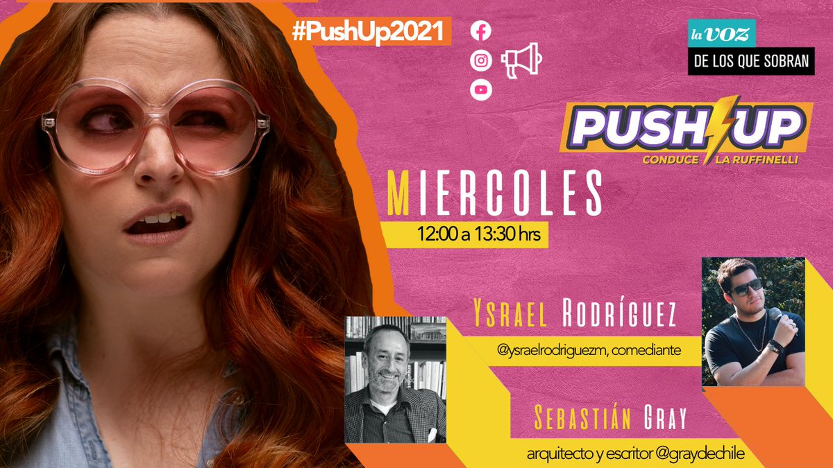 losquesobrancl's tweet photo. Hoy en #PushUp2021 con @bruffinelli en el matinal de los flojos:
⚡Ysrael Rodríguez @ysraelrodriguezm, comentando los titulares.
⚡ Sebastián Gray, arquitecto y escritor @graydechile
⚡ Columna con Sammy Tarot #TerapiaAntiArruinonas
En vivo:
https://t.co/jfbAezZ1p9 https://t.co/nGEkbf4Ga9