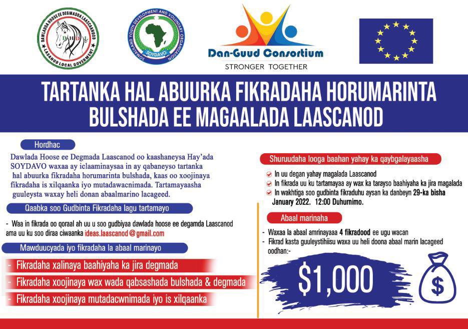 Dan_GuudC's tweet photo. Today SOYDAVO has launched the community led initiative idea competition in Lasanod. The four top selected ideas will be awarded a grant of $1,000 for their ideas.
The deputy governor, members of newly elected local councils and district secretarial have launched the competition. https://t.co/CbVg15fvj5