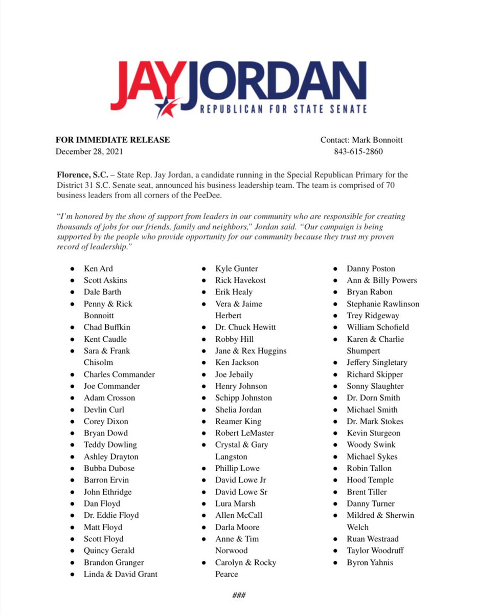 I am honored to announce the Jay Jordan for Senate business leadership team. This team is compromised of 70 business leaders from all corners of the PeeDee.