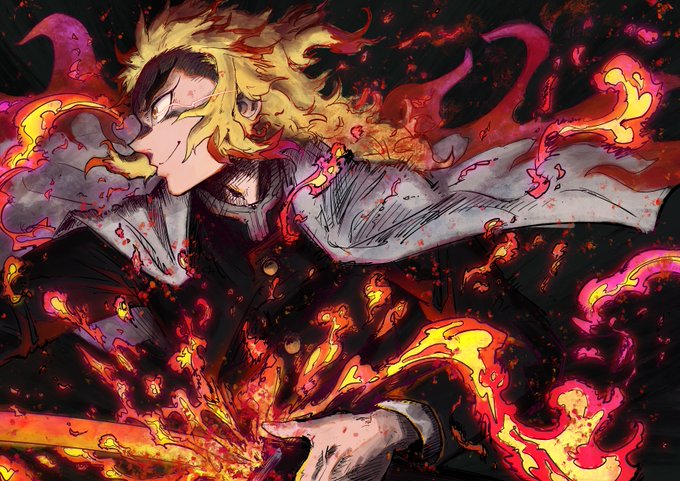 加賀崎灯嗣🍥さんがTwitterに投稿した煉獄杏寿郎(鬼滅の刃)のイラスト。
