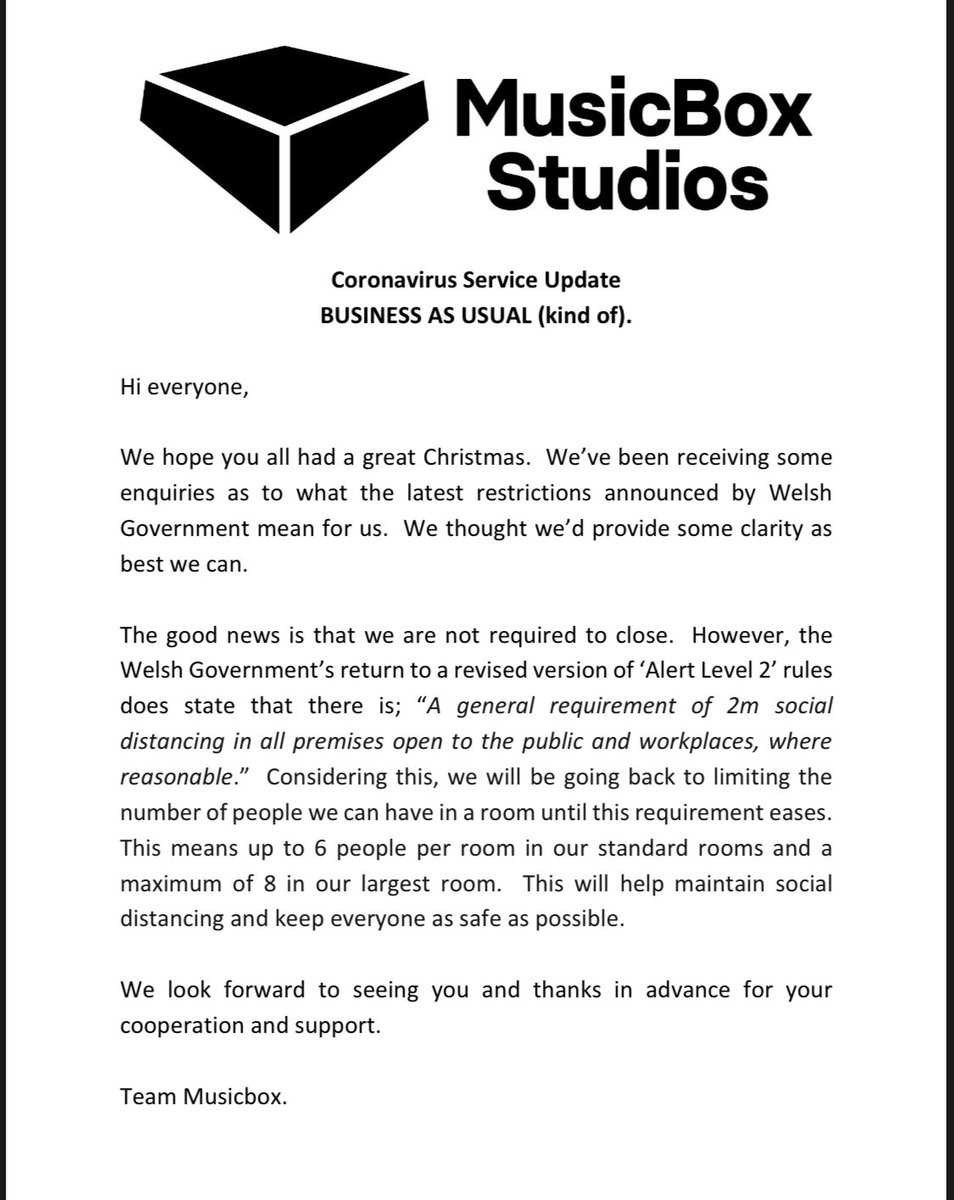 MusicboxCardiff's tweet photo. Hope you all had a great Christmas. We’ve been asked a few times what the new Welsh Govt rules that came into force on Boxing Day mean for us. Hope this helps: https://t.co/v6110hazNk