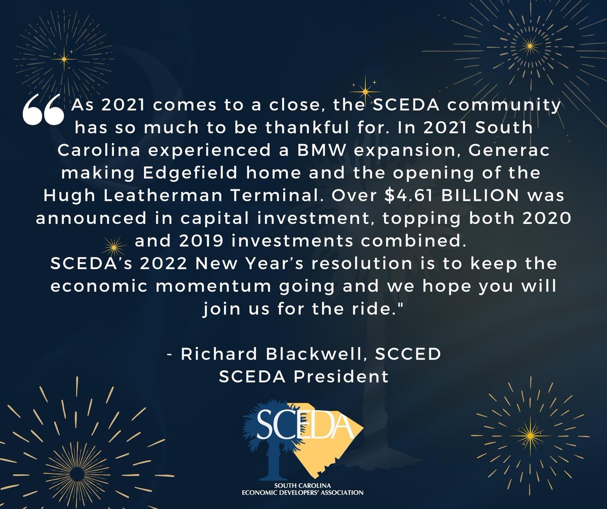 SCEDA's tweet photo. Reflecting on a successful year with an eye toward the future. A message for the new year from SCEDA President, Richard Blackwell. #econdev #workforcedevelopment #jobgrowth #teamsceda https://t.co/TWse7oZgf6