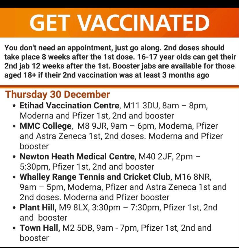 MCCHulme's tweet photo. Do you want your #Covid vaccination or booster all sorted out before New Year?

Walk in vaccination clinics open at the places listed below for Thursday 30th December 👇👇

Need a taxi to get there? Check out https://t.co/L6Q00ZJlFy https://t.co/rEuoEeo8eW