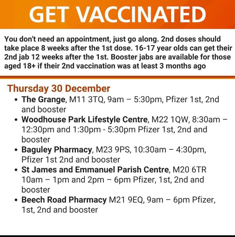 MCCHulme's tweet photo. Do you want your #Covid vaccination or booster all sorted out before New Year?

Walk in vaccination clinics open at the places listed below for Thursday 30th December 👇👇

Need a taxi to get there? Check out https://t.co/L6Q00ZJlFy https://t.co/rEuoEeo8eW