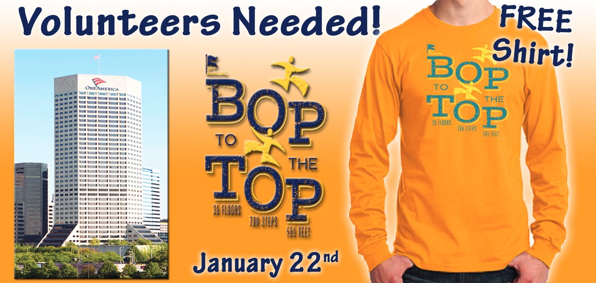 Tuxedo Brothers (@tuxedobrothers) on Twitter photo Come VOLUNTEER on January 22 for the Bop to the Top Stair Climb at the OneAmerica Tower! You'll get a shirt, refreshments, and free parking! Signup to volunteer at getmeregistered.com/bop
This event benefits <a href="/RileyKids/">Riley Children's Foundation</a> Come VOLUNTEER on January 22 for the Bop to the Top Stair Climb at the OneAmerica Tower! You'll get a shirt, refreshments, and free parking! Signup to volunteer at getmeregistered.com/bop
This event benefits <a href="/RileyKids/">Riley Children's Foundation</a>