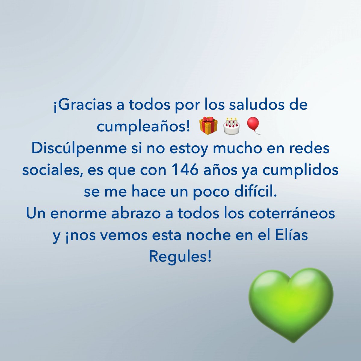 sdidelyi's tweet photo. ¡Gracias a todos por los saludos de cumpleaños!  🎁 🎂 🎈 
Discúlpenme si no estoy mucho en redes sociales, es que con 146 años ya cumplidos se me hace un poco difícil. 
Un enorme abrazo a todos los coterráneos y nos vemos esta noche en el Elías Regules. https://t.co/4gjO6gURNW