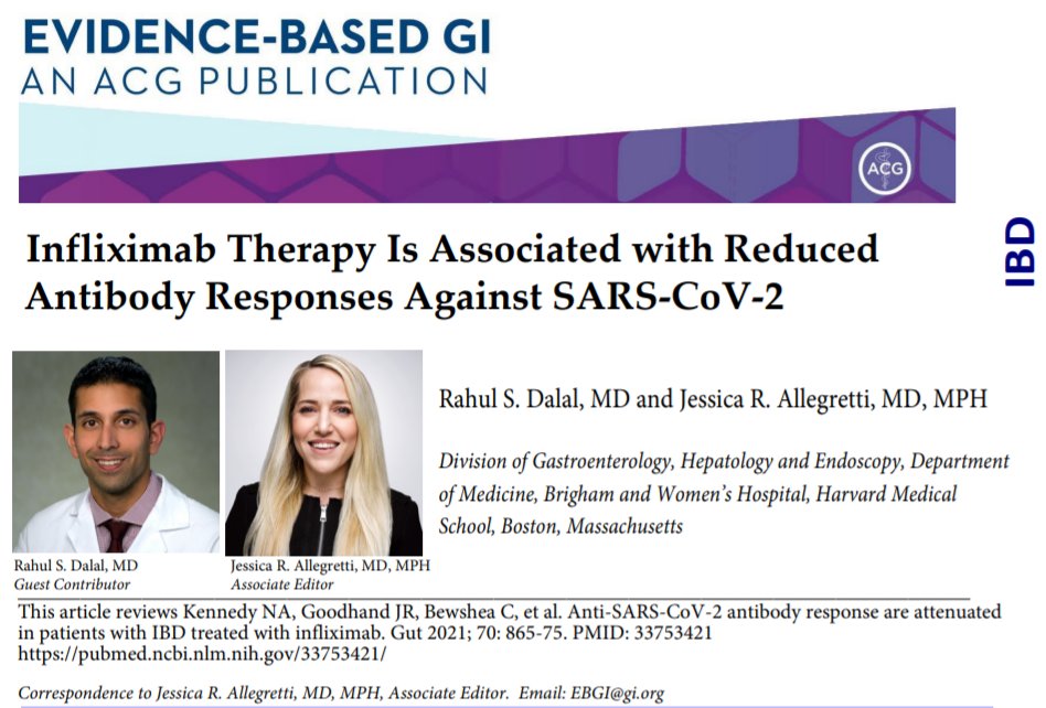 ACG (@amcollegegastro) on Twitter photo EBGI: Infliximab Therapy Is Associated w/ Reduced Antibody Responses Against SARS-CoV-2
Reviewers: Dr. Rahul Dalal & Dr. Jessica Allegretti
🟣 Read: bit.ly/3JgFuWz
<a href="/DrJessicaA/">Jessica R Allegretti</a> <a href="/JenKolbMD/">Jennifer Kolb</a> @KumarShria <a href="/PhilipOkaforMD/">Philip Okafor</a> @spaulliver <a href="/JosephHabibi_MD/">Joseph Sleiman, MD, FACP</a> <a href="/swatigp/">Swati G. Patel, MD MS</a> <a href="/RahulSDalalMD/">Rahul S. Dalal, MD, MPH</a> EBGI: Infliximab Therapy Is Associated w/ Reduced Antibody Responses Against SARS-CoV-2
Reviewers: Dr. Rahul Dalal & Dr. Jessica Allegretti
🟣 Read: bit.ly/3JgFuWz
<a href="/DrJessicaA/">Jessica R Allegretti</a> <a href="/JenKolbMD/">Jennifer Kolb</a> @KumarShria <a href="/PhilipOkaforMD/">Philip Okafor</a> @spaulliver <a href="/JosephHabibi_MD/">Joseph Sleiman, MD, FACP</a> <a href="/swatigp/">Swati G. Patel, MD MS</a> <a href="/RahulSDalalMD/">Rahul S. Dalal, MD, MPH</a>