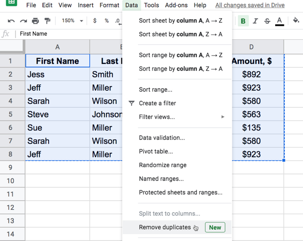 benlcollins's tweet photo. We all need to remove duplicate entries from our data from time-to-time. Luckily #GoogleSheets now has a native remove duplicates feature and it's super easy to use.

You find this feature under the menu: Data > Remove Duplicates. https://t.co/h8S42nwPie