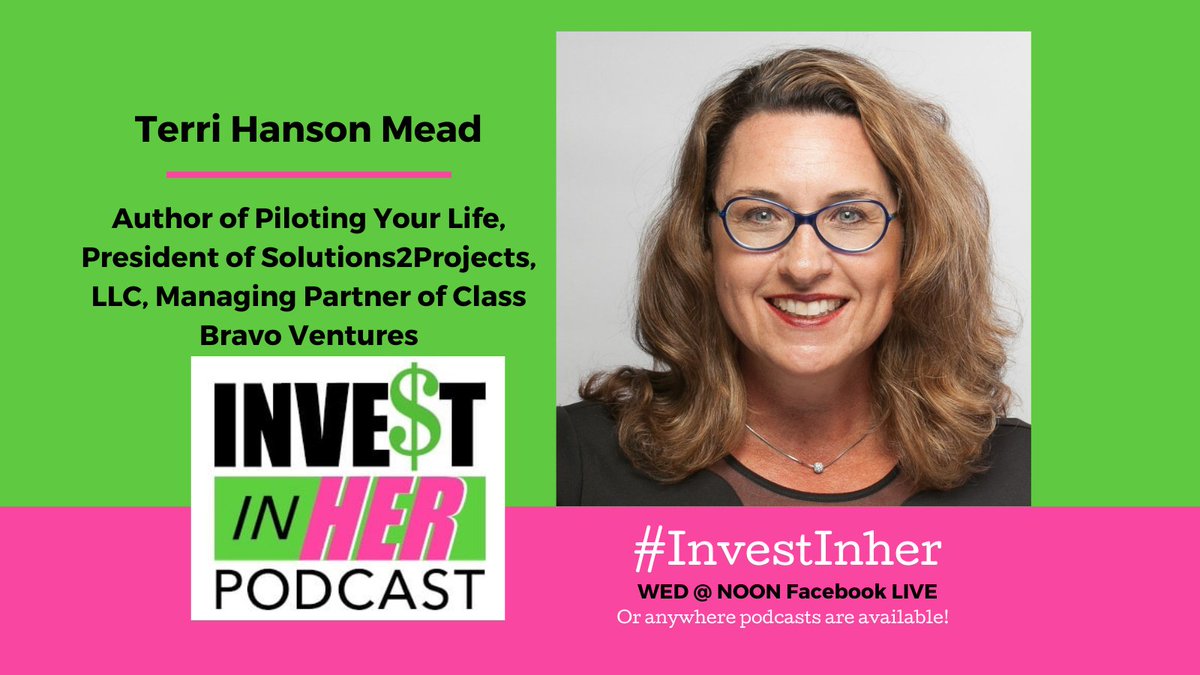 sheangelsinvest's tweet image. #InvestInHer host Catherine Gray talks with Terri Hanson Mead @terrihansonmead  @PilotingLife on Facebook LIVE TODAY at NOON PT @sheangelsinvest  Subscribe on Apple Podcast apple.co/3citN1I, Spotify spoti.fi/2ZUrFZc, or wherever podcasts are available! 🎤 📻 📱
