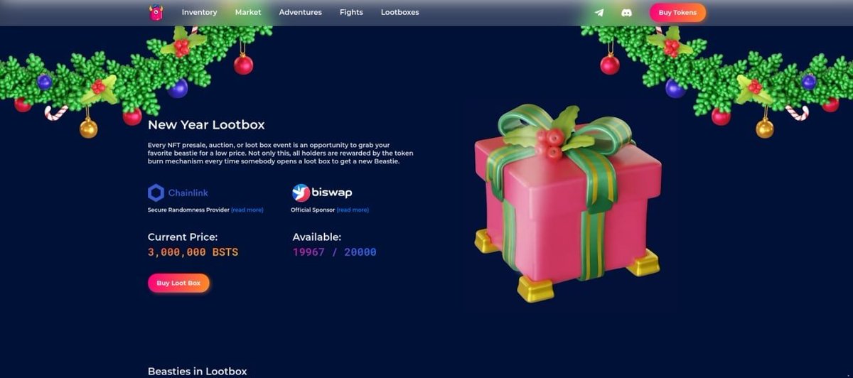 beasties_online's tweet photo. 🎁 Lootbox Event will be open soon at https://t.co/3LjmEzPaYf at "Lootboxes" section in the menu. When it will be live, just click on it, pay 25$ in $BSTS and open the box. BSW distribution from the box will happen 4th January 🎅

#NFT #Binance #BNB #P2E #gamefi #Play2Earn https://t.co/3TNvrtXrrs