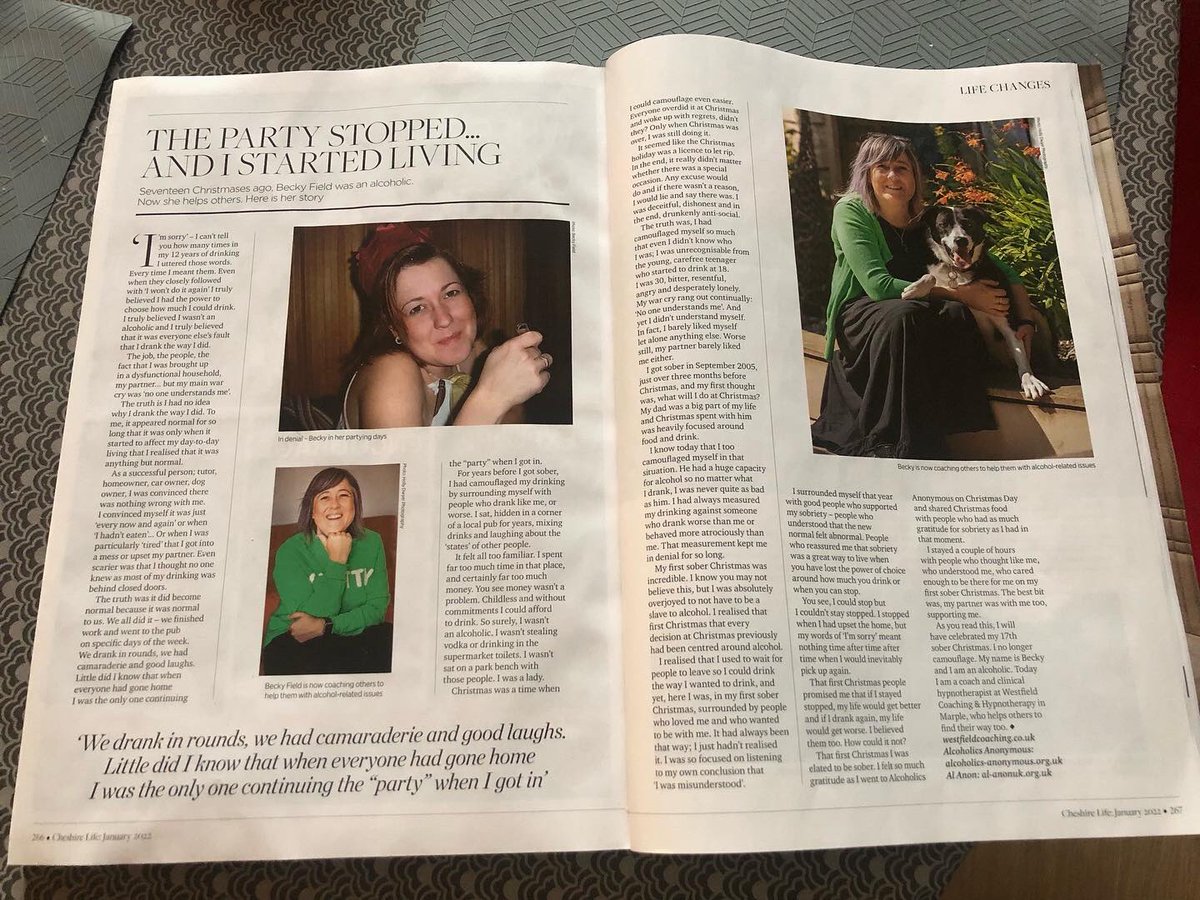 Delighted to have the opportunity to share my story in <a href="/cheshirelife/">Cheshire Life</a> 

If you know someone struggling with alcohol 🍷 recovery is possible! Just celebrated my 17th sober Christmas!