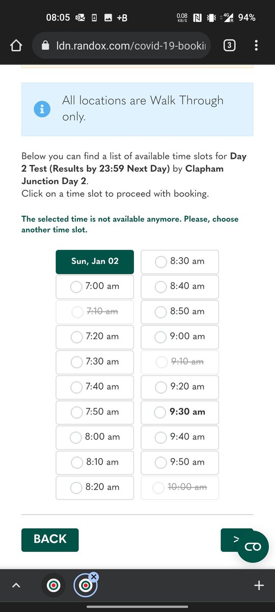paulygraves's tweet photo. @RandoxOfficial I'm trying to book a Day 2 in person test for my return to the UK. But I'm getting a "The selected time is not available anymore" error, even though the slot is available. Have tried several different times and days but get the same for all available slots. https://t.co/zzXBLxkSVI