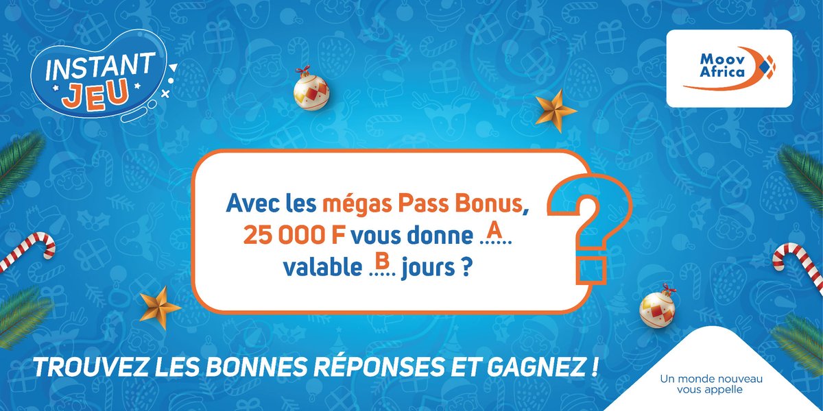 MoovAfricaBenin's tweet photo. Viens jouer et tente de remporter un Pass Bonus de 2.500F pour tes derniers appels de l'année.🤩🤩
NB : les deux premières et deux dernières bonnes réponses, gagnent.🔥
#MoovAfrica #UnMondeNouveauVousAppelle #InstantJeu https://t.co/k2T49xT8ON