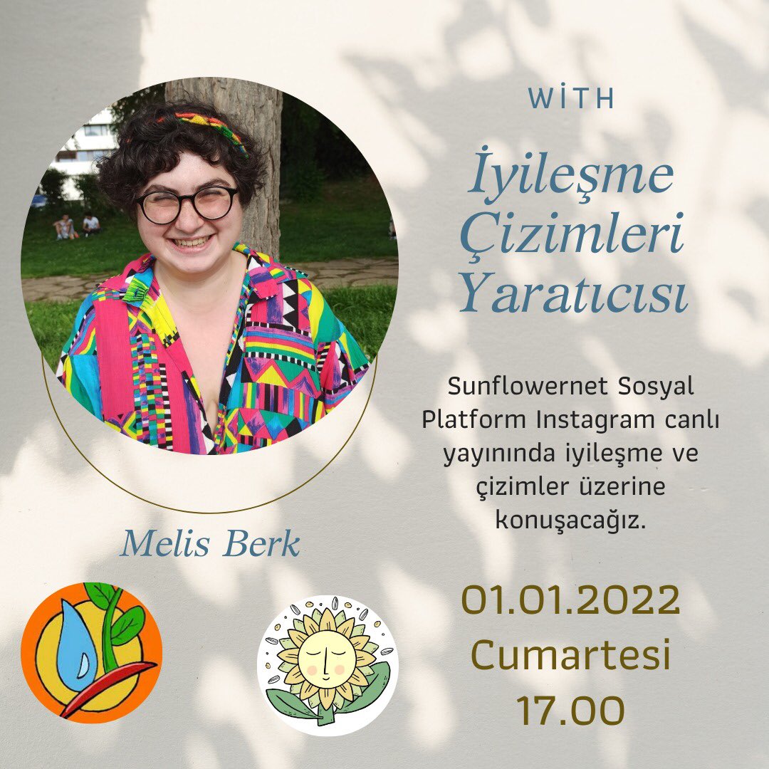 Herkese merhaba! Cumartesi akşamı 2022 yılının ilk etkinliğinde İyileşme Çizimleri ile buluşuyoruz 🧚‍♀️💚 Aslı Muratoğlu moderatörlüğünde Melis Berk ile yapacağımız "İyileşme ve Çizimler" konulu röportaja katılmak için kimseye söz vermeyin 🌞🍋