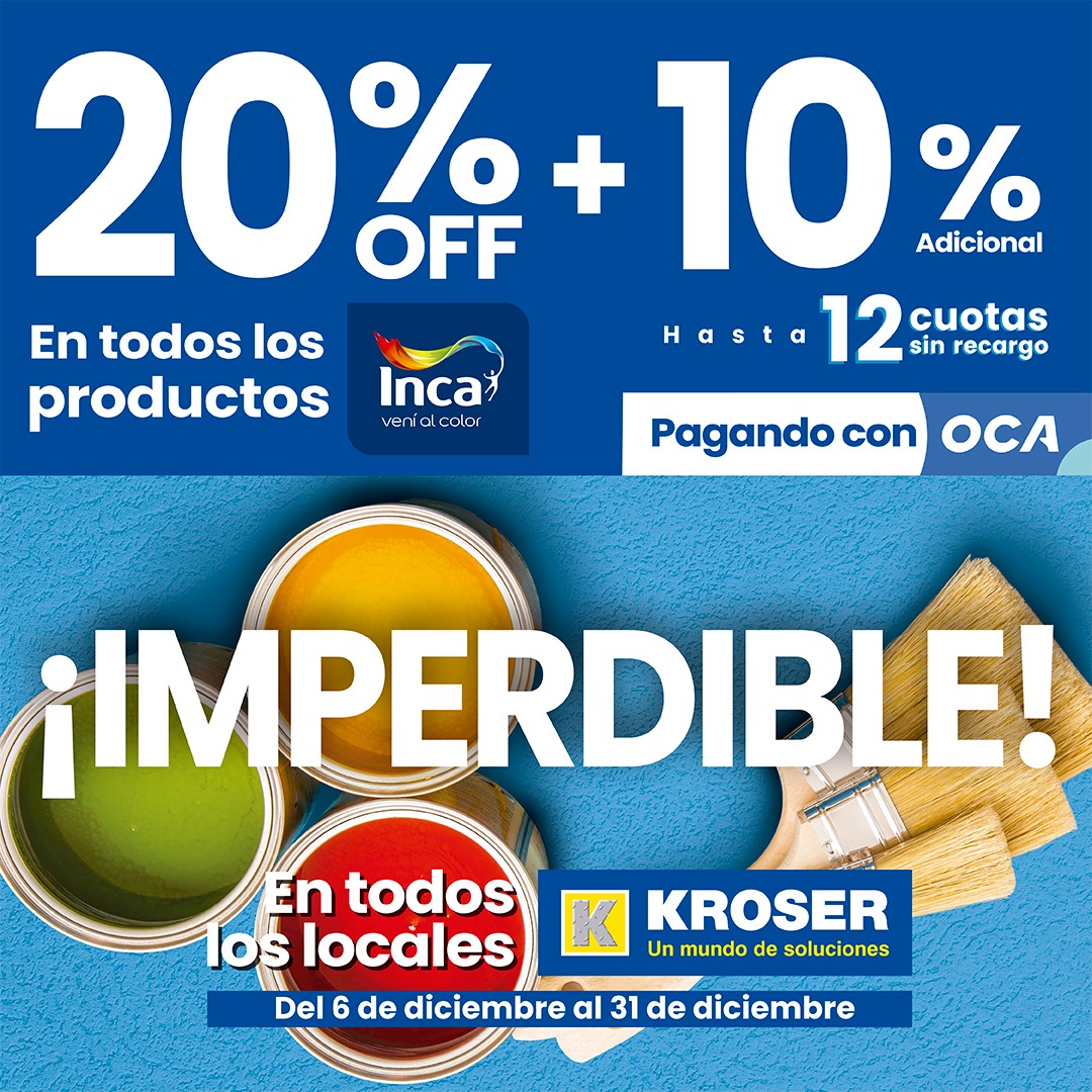 Kroseruy's tweet photo. ¡Últimos días! Sí, hasta el 31 de diciembre en todos los locales KROSER: 20% off + 10% adicional en toda la línea de pinturas Inca, ¡y hasta 12 cuotas sin recargo pagando con OCA! ¿Te lo vas a perder? ¡Renová tu espacio ahora!
#KROSER, un mundo de soluciones. https://t.co/FD90WxQhIL