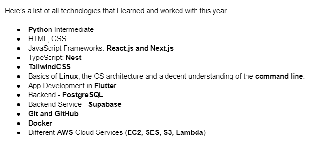 A screenshot that shares the list of technologies I learned in 2021