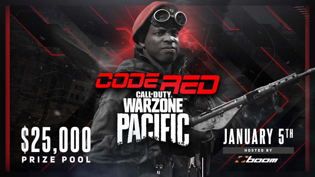 boomtv's tweet photo. 🚨$25,000 Code Red 2v2🚨

Our first Warzone event of 2022 will see 32 duos lock up for a bracket style 2v2 kill race!

Who will kick off the new year with a win?

🪂 16 Female Captains/16 Male Captains
🤑 $25,000 Prize Pool + $5K in Bounties
📅 Jan. 5th @ 11AM PST https://t.co/NT0gbvnmRU