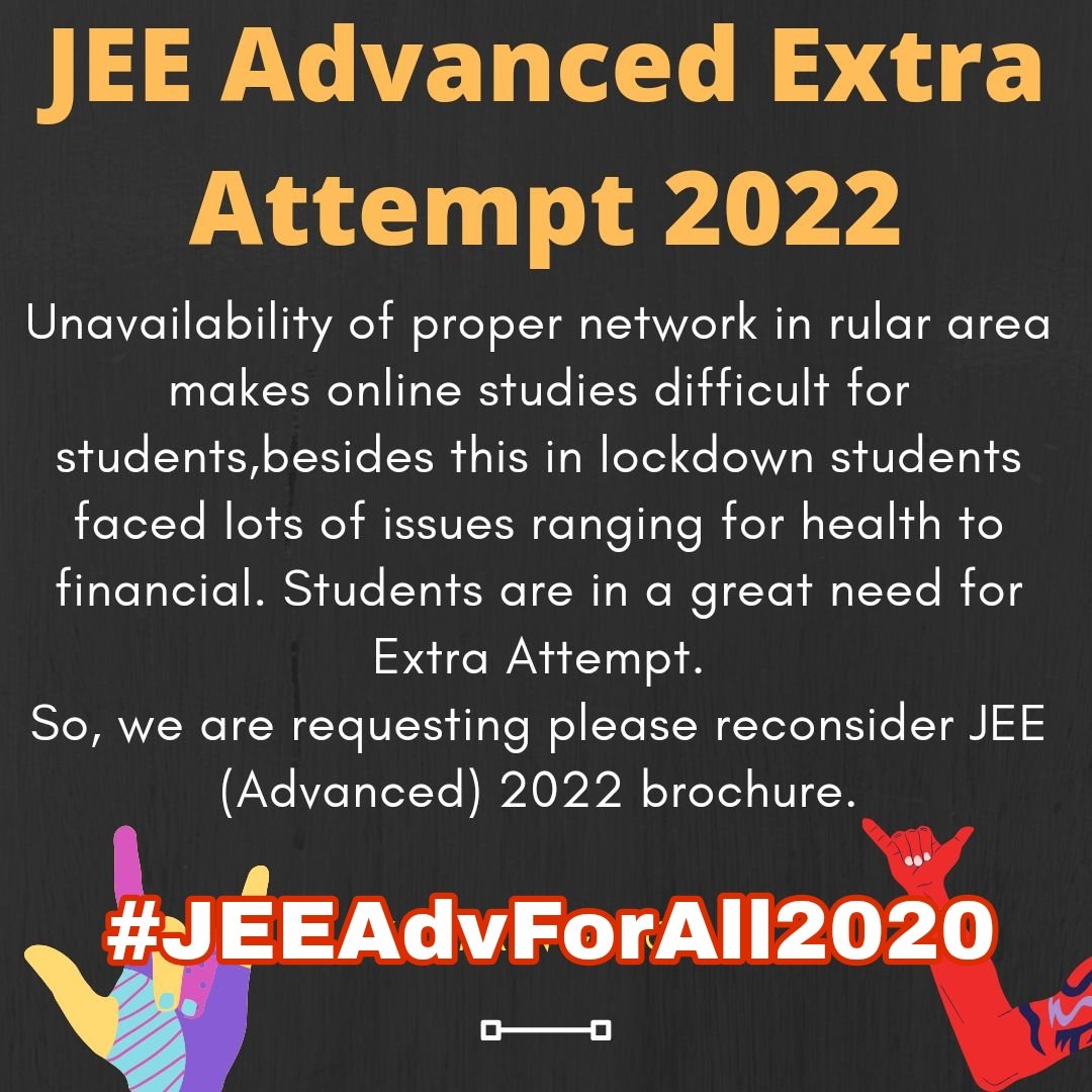 Indians70046's tweet photo. Please give us 3rd attempt. 
#JEEAdvForAll2020
@dpradhanbjp @amitbijarnia @DG_NTA @educationtimes @iitbombay @IITBHU_Varanasi @IITKgp @VinodSingh_IITK @iitroorkee @vinnyiitr @ombirlakota @myogiadityanath @BJP4UP @yogitabhayana @anubha1812 @LambaAlka @news24tvchannel https://t.co/34TmLS4ZH2