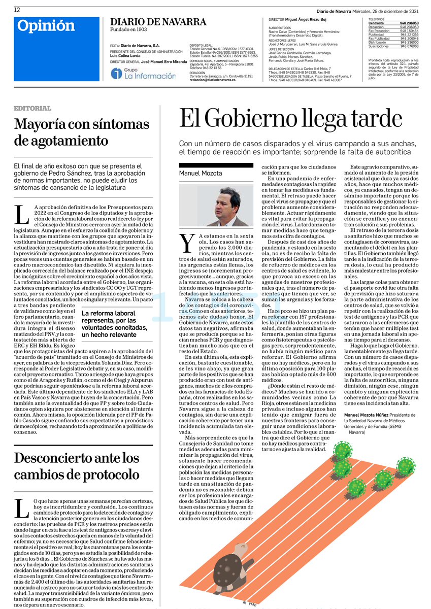 SEMG_ES's tweet photo. Artículo del Dr. Manuel Mozota (@manmoz23), presidente de #SEMGNavarra en @DiariodeNavarra #Navarrra
 
🗣️"Con un nº de casos disparados y el virus campando a sus anchas, el tiempo de reacción es importante; sorprende la falta de autocrítica"

Artículo en: https://t.co/hcxi1LxO6J https://t.co/sKw7gwP4El