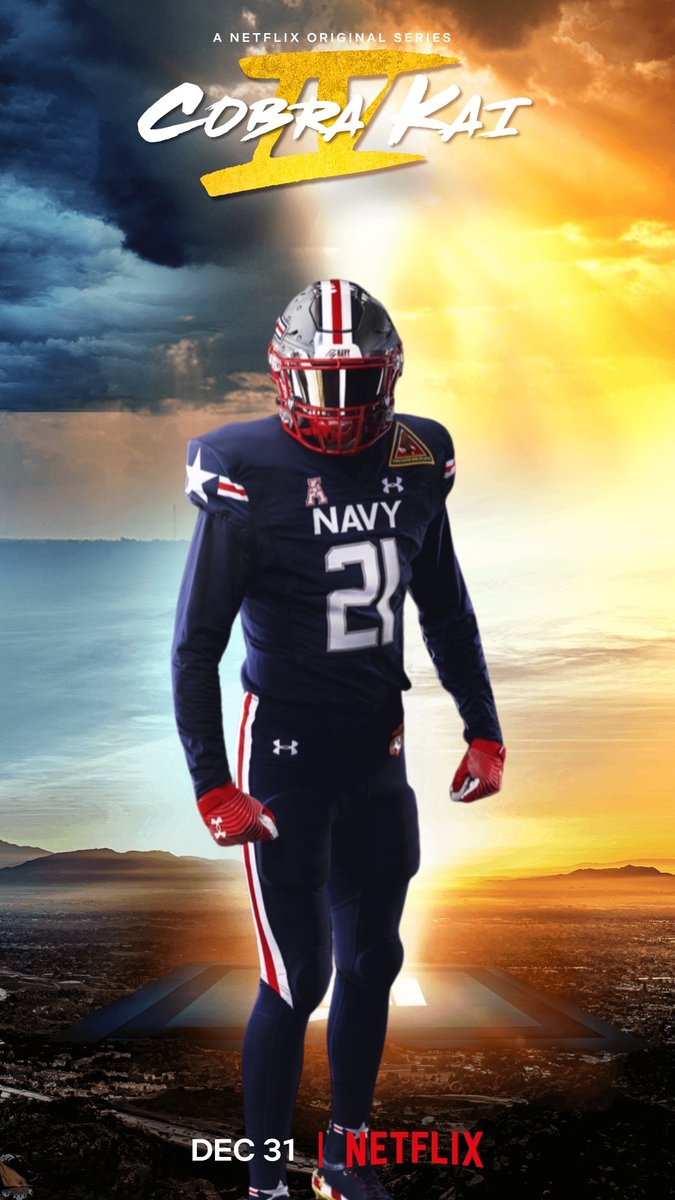cobrakaiwire's tweet photo. @NavyAthletics @navyfb @CobraKaiSeries #FlyNavy #bEATARMY #CobraKai #CobraKaiSeason4 https://t.co/7hqDlLHFLY