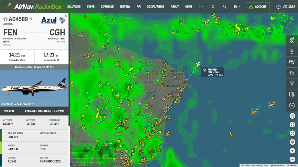 AirNavRadar's tweet photo. The longest flight operated with an Embraer E-jet in Brazil is on its way to Sao Paulo - Congonhas (CGH) from Fernando de Noronha (FEN). ✈️
Duration & Distance: 04h03m | 1444 NM ℹ️
Track: https://t.co/IIugiDlJcF 📡
#Embaer #Azul #Brazil #Aviation https://t.co/hBSB83rczc