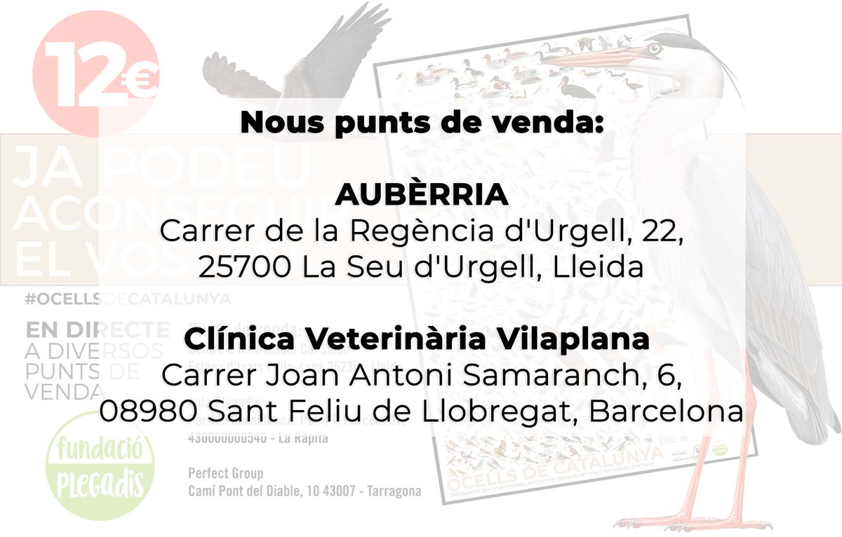 ⚠️Nou punt de venda⚠️
A partir d'avui mateix podreu comprar el pòster dels #OcellsdeCatalunya a Aubèrria I a la Clínica veterinària Vilaplana!

Seguim treballant per a obrir més punts on poder trobar el pòster