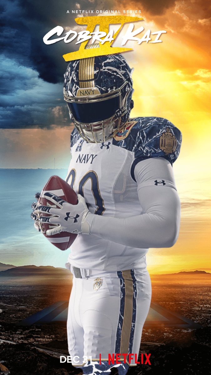 cobrakaiwire's tweet photo. @NavyAthletics @navyfb @CobraKaiSeries #FlyNavy #bEATARMY #CobraKai #CobraKaiSeason4 https://t.co/qcg7DcFbjZ