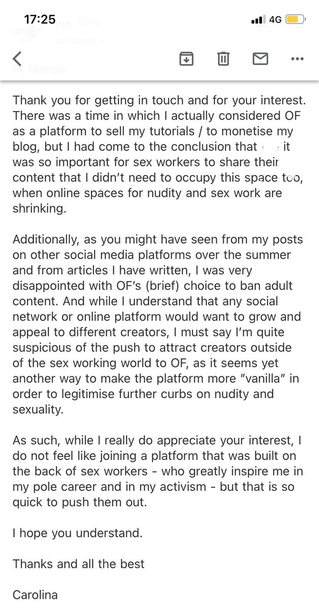 I have been officially invited to join OnlyFans. The pic on the right explains why I’m not doing it. TL; DR: following what happened last summer, I do not feel like joining a platform that was built on the back of sex workers but that was so quick to push them out.