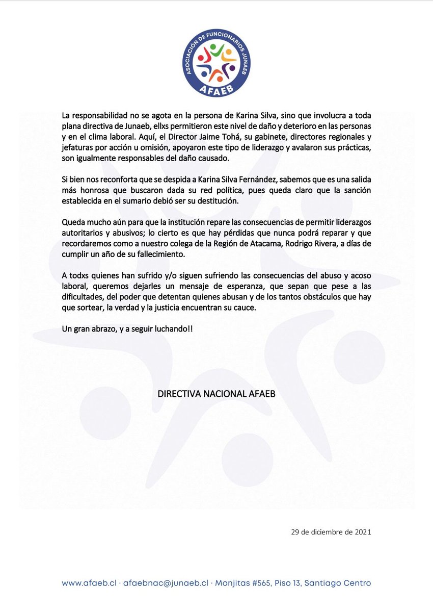 Luego de 3 años de acoso y maltrato laboral, múltiples recursos interpuestos, mucho sufrimiento y silencio institucional, la Directora Regional de @JUNAEBLosRios debe renunciar a su cargo.
Q nunca más vuelva a ningún cargo público!
#NomásMaltrato
#AdiosKarinaSilva
#FueraTohá