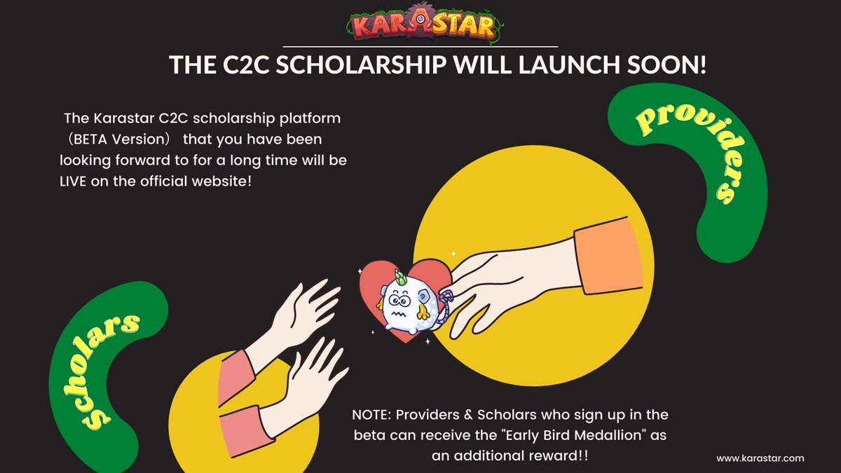 karastargamefi's tweet photo. 📢 BIG NEWS ‼️
🤩 Karastar C2C scholarship (Beta) will launch soon !!!!
🗓️ Join in our discord : https://t.co/OcXzpiPiWl
Sign up 👇

Providers ：https://t.co/KrE28KUfgi

Scholars ：https://t.co/gZ5QTOtIYg

😉 Follow,RT &amp; CMT
Inviting more people to get more rewards~ https://t.co/v3P1ehr3I0