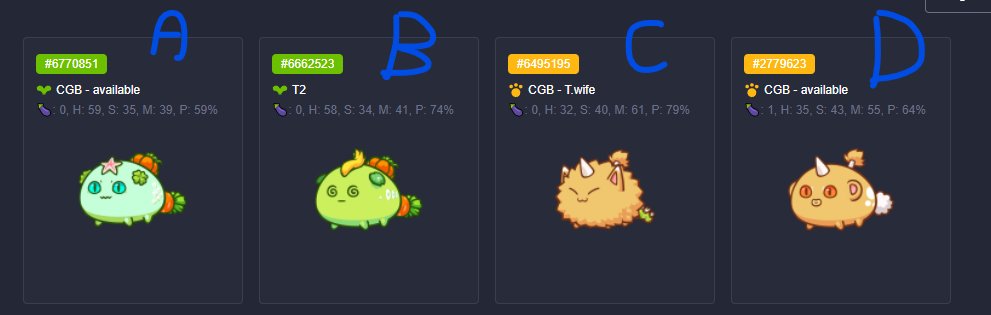MythrelArts's tweet photo. #AxieInfinity #AxieScholarship #PlayToEarn  

we have some scholarships availability and looking for new players.  

Rules: 
1) Like + RT + tag 1 friend. 
2) Follow us. 
3) Pick 3 axies from the picture ABCD and tell me how you would play with this team. 

God bless. Stay safe https://t.co/0agl8h7hse