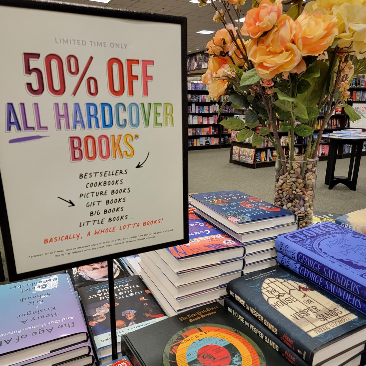 bn_neshaminy's tweet photo. Brighten up your day with our 50% off hardcover books* sale - it's still going on! (*except The Lyrics, but you probably knew that by now!) This pop-up sale came out of nowhere and will disappear just as quickly. Your TBR pile will thank you for the new additions! https://t.co/LznxgZr7wD