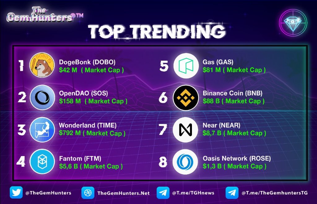 TOP TRENDING 
29.12.2021

1️⃣ $DOBO
2️⃣ $SOS
3️⃣ $TIME
4️⃣ $FTM
5️⃣ $GAS
6️⃣ $BNB
7️⃣ $NEAR
8️⃣ $ROSE